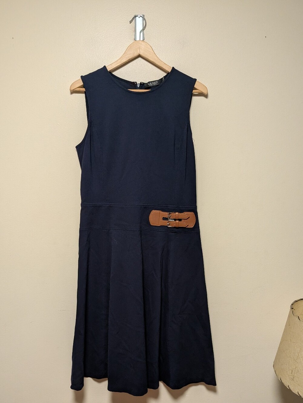 Lauren Ralph Lauren Navy Fit & Flare Dress 12 Buckle Waist Preppy